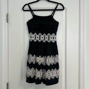 POINT ZERO Black Crepe Lace Rhinestone A Line Midi Cocktail Dress Ruffles Cute S